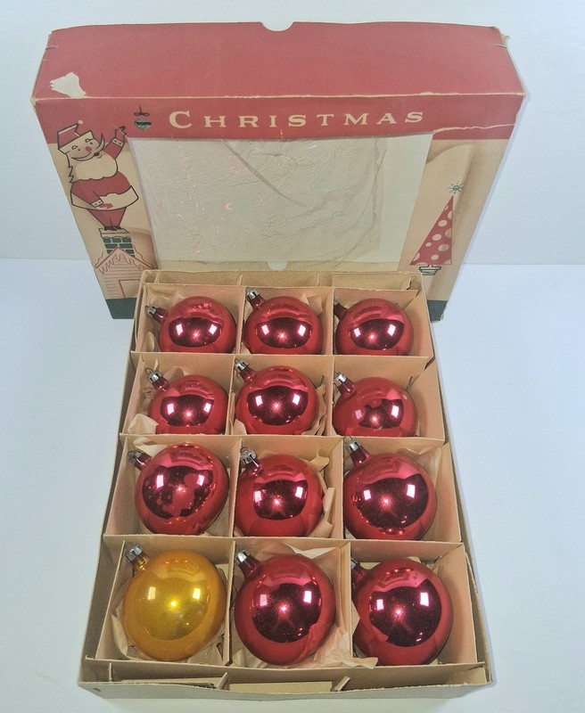 Vintage Mercury Glass Large 3" Poland Red Fantasia Christmas Ornaments Box