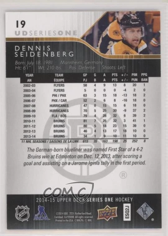 2014-15 Upper Deck UD High Gloss /10 Dennis Seidenberg #19 - Image 2 of 2