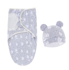 Baby Swaddle Blanket  Hat Set With Clouds  Stars Print - Light blue