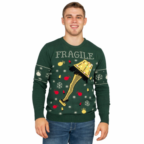 Adult A Christmas Story Fragile Leg Lamp Light Up Green Ugly Christmas Sweater - Picture 1 of 5