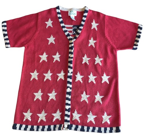 Quacker Factory Womens Medium Cardigan Sweater Red USA Flag Sequins Short Sleeve