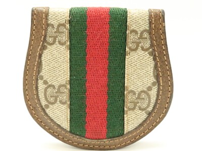 Auth OLD GUCCI Coating Canvas Shelly Line Coin Case Italy