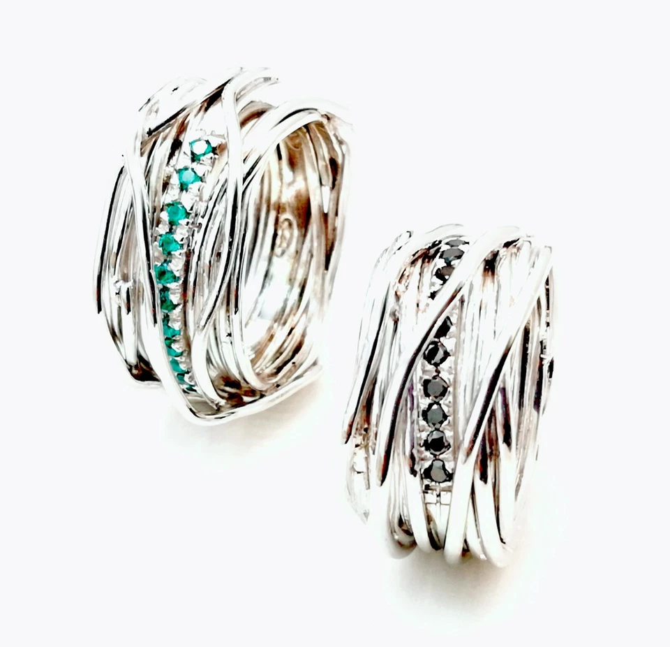 ANELLO DONNA A FILO INTRECCIATO CON PIETRE IN ARGENTO 925 FASCIA LARGA 1,2 CM. - Immagine 4 di 4