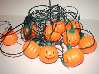 10 Vintage Blow Mold Jack O Lantern Pumpkin w/ Green Stem String Light Covers