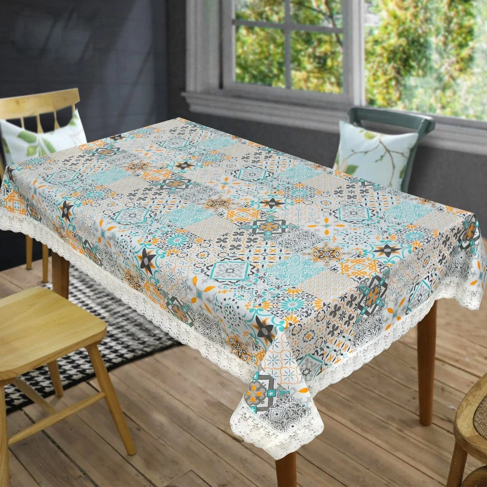 PVC Dining Table Cover 60" X 108" 8 Seater with White Side Trim Lace US - Image 3 of 3