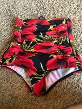 Unique Vintage WMNS Red Hibiscus Monroe High Waist Bikini Bottom - SMALL