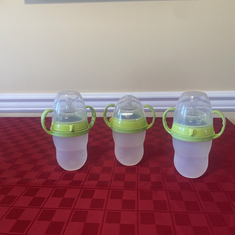 COMOTOMO 8 Oz Baby Bottles w/Handles (to Make Sippy Cups) and Lids - Lot of 3