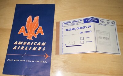 American Airlines Ticket Receipt 1959 Holder, Baggage Claim-Paper Ephemera 