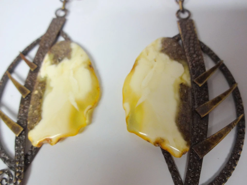 Brincos pendurados antigos de vanguarda natural gema de ovo âmbar longo folha modernista - Imagem 3 de 4