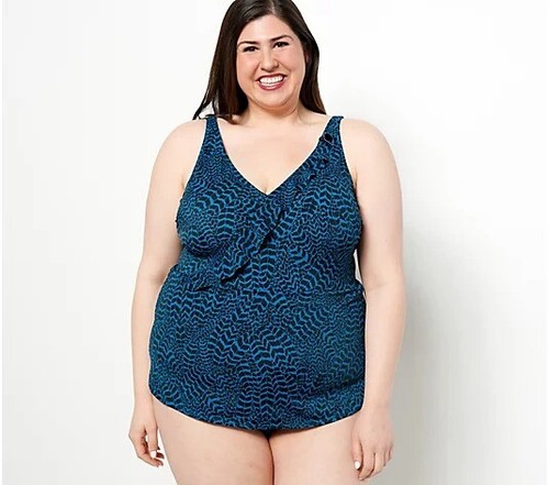 Denim & Co. Beach Ruffle Trim One Piece Peacock Feathers 18 New