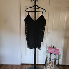 NA KD Black floral lace bodycon maxi mini dress size 36 fits 8-10 Cold Shoulder