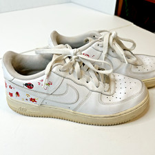 Nike Air Force 1 Custom Hand Painted Pink Flowers White On White Youth 7Y