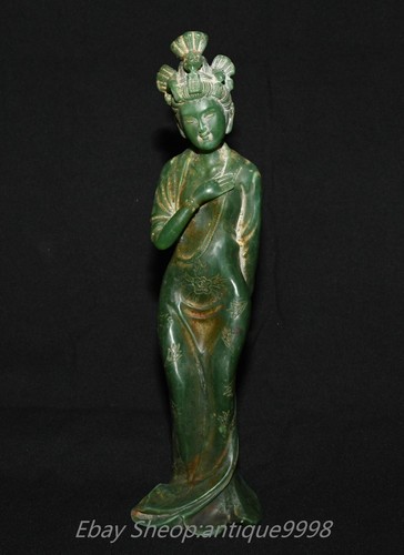 10.6'' Old Chinese Green Jade Beauty Beautiful People Person Man Flower Statue