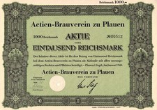 Actien-Brauverein zu Plauen im Vogtland - Aktie - Nennwert : 1.000 Reichsmark -