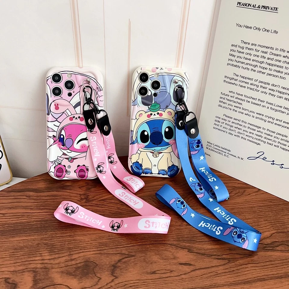 For iPhone Samsung Huawei Case Cute Cream Stitch Phone Cover Doll Stand 2 Straps - Image 4 of 4
