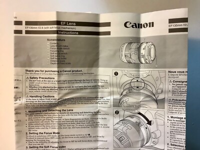 CANON EF LENS 135mm f/2.8 Soft Focus Instruction Sheet (2008)