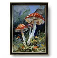Fly agarics.#9. Landscape with mushrooms. FRAMED ORIGINAL OIL PAINTING.