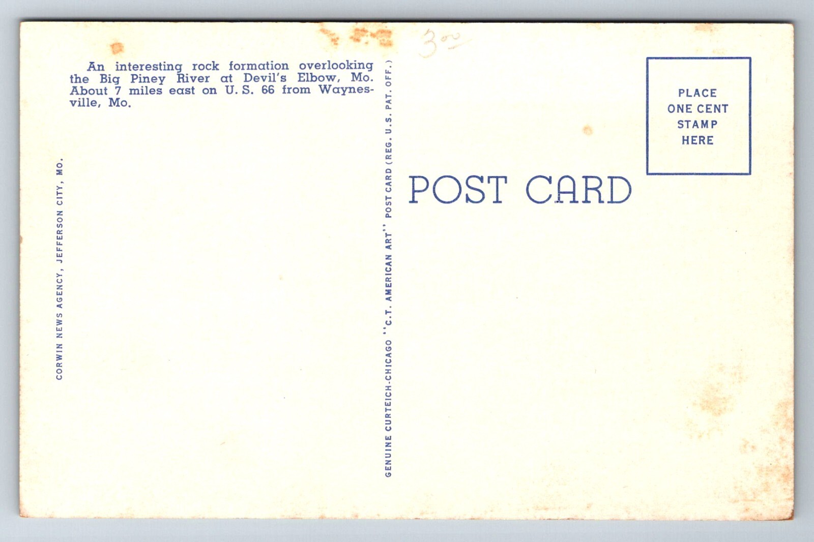 Postcard Missouri Devil's Elbow Devil's Sugar Bowl Bit Piney River Unposted L124