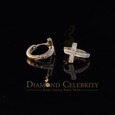 0.15ct Diamond 925 Sterling Silver Yellow Hoop Stud cross Earring For Men /Women