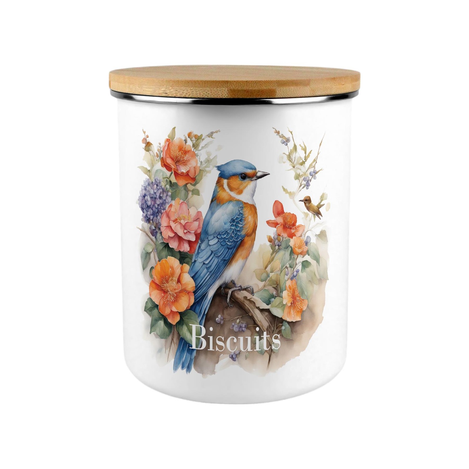 Extra Large Enamel Biscuit Canister - Floral Bird Kitchen Food Storage Jar Gift