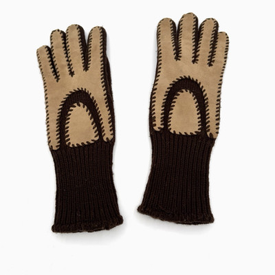 Vintage Brown Knit Gloves Patchwork Suede Design Women's Small