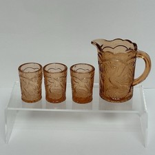 Pink Depression Pressed Glass Mini Pitcher Glasses 4 Piece Peacock Motif Decor