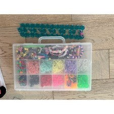 Rainbow Loom Rubber Band Bracelet Kit with Case Beads Charms and Teal Loom