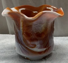 Vintage L.G. WRIGHT Carmel Slag Glass Cherry Pattern w/ Ruffled Edge Bowl 4”