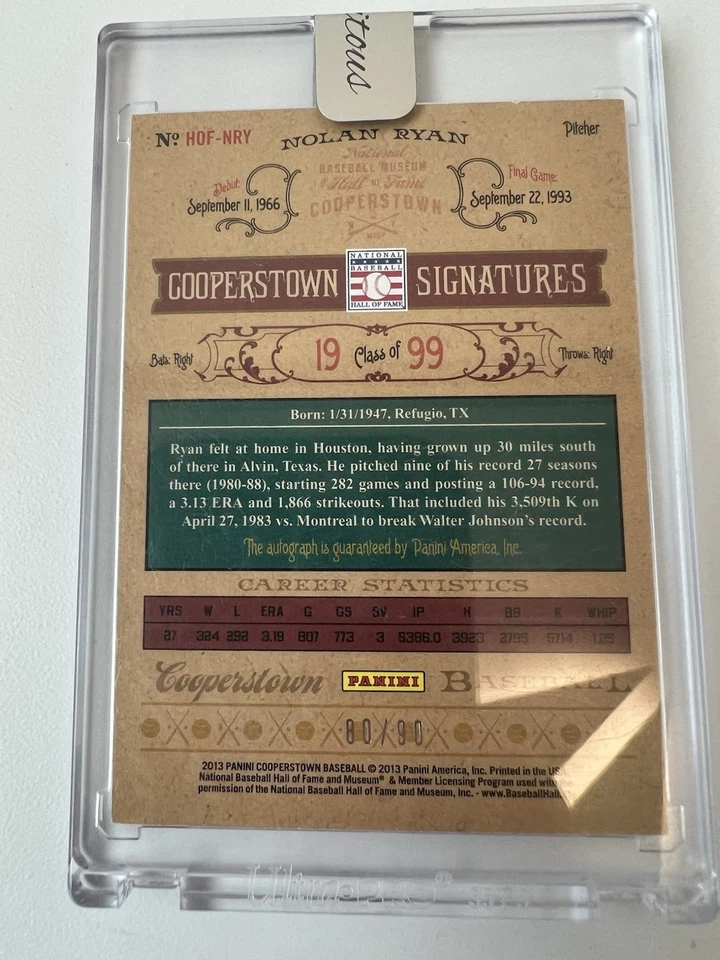 Nolan Ryan Panini Cooperstown Signatures /90 On Card Auto - Image 2 of 2