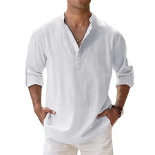 Men's Cotton Linen Henley Long Sleeve Shirt Summer Casual Beach Fashion Gym Gift