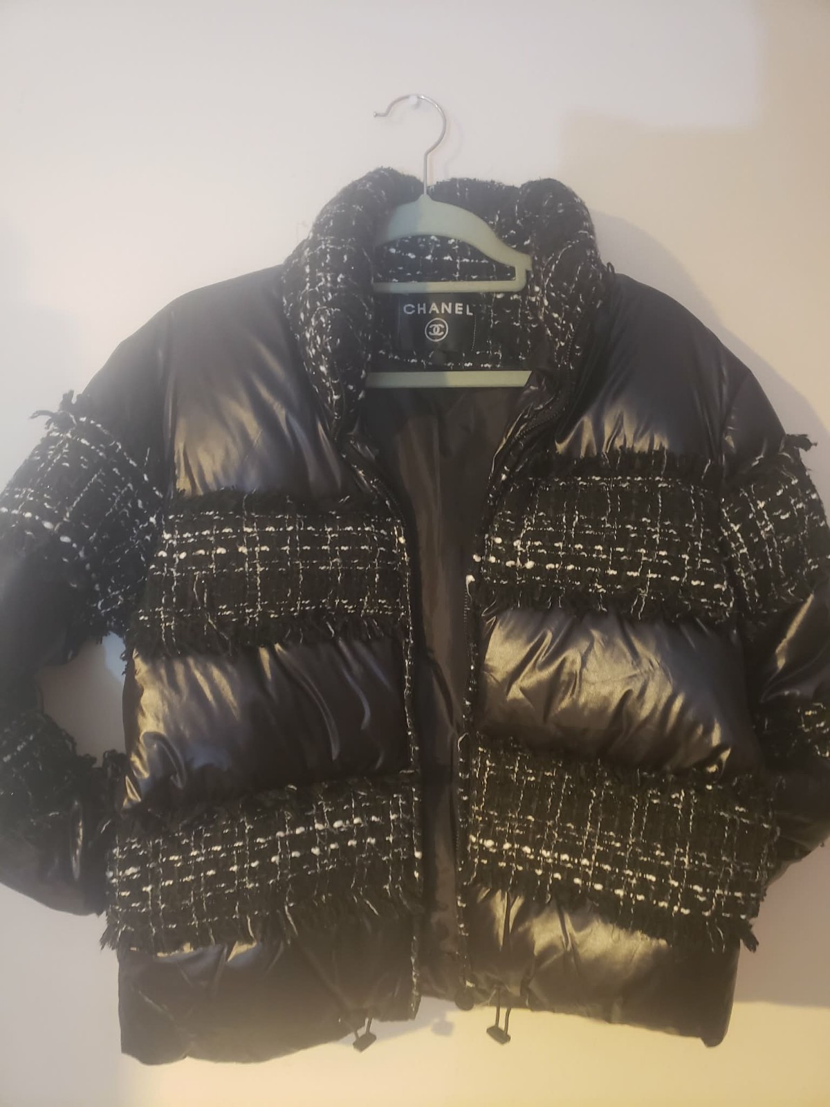 CHANEL 18B Coco Neige Ribbon Tweed Puffer Jacket Coat Black