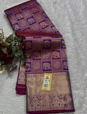 Royal Kanchipuram Silk Saree   Purple  Gold Zari with Elephant  Peacock Motifs