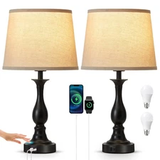 Bedside Table Lamp Touch Control Bedroom Lamps with USB-C USB-A Charging Port...
