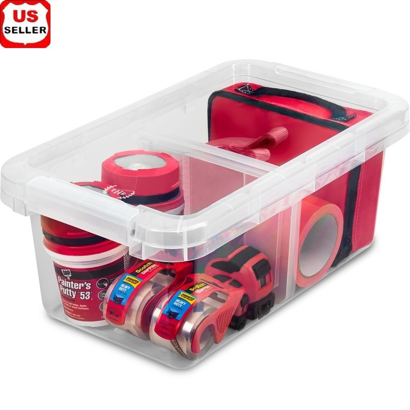 Clear Plastic Storage Bins W/ Dividers Stackable Set of 4 Home Organization New