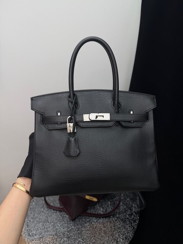 AUTH Hermes Birkin30 Noir Clemence Black Leather Palladium Hardware Handbag