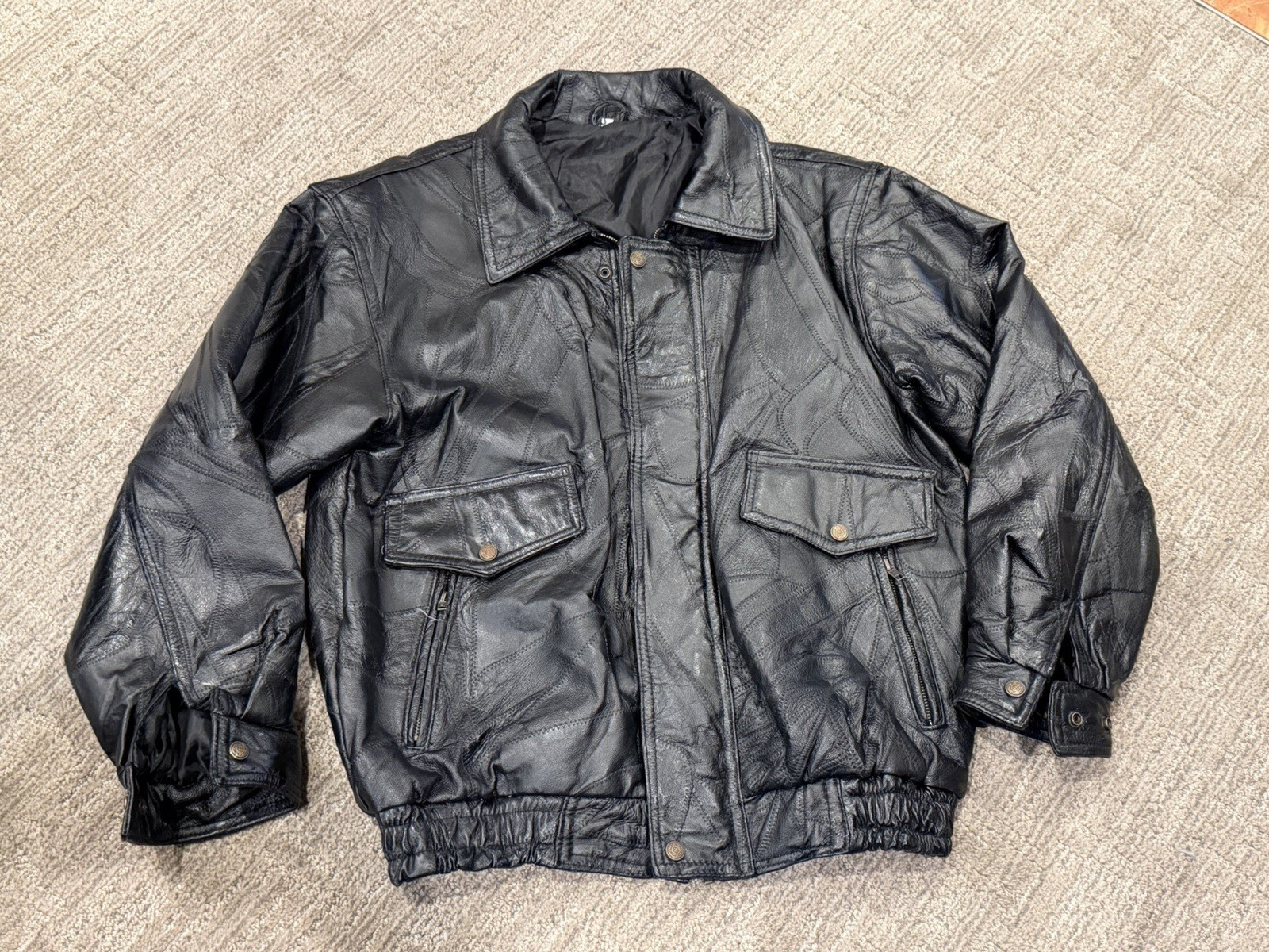 BLACK LEATHER PATCHWORK FRONT ZIP BOMBER JACKET C… - image 1