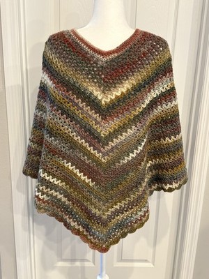 Handmade Crochet Poncho Brown Orange Gold Blue Gray Knit Wrap Boho Autumn Colors