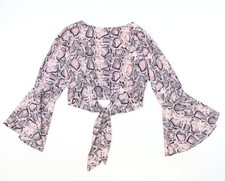 Getragene Damen Cropped Bluse Rosa Animal Print Polyester Gr&ouml;&szlig;e S Rundhals