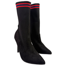 Anne Mitchelle Women's Black Red Striped Sock Boots Size 8 Stretch Knit