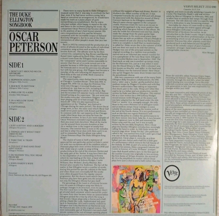 Oscar Peterson The Duke Ellington Songbook Vinyl Record VG+/VG 2332090 1959 Foto 2 de 2
