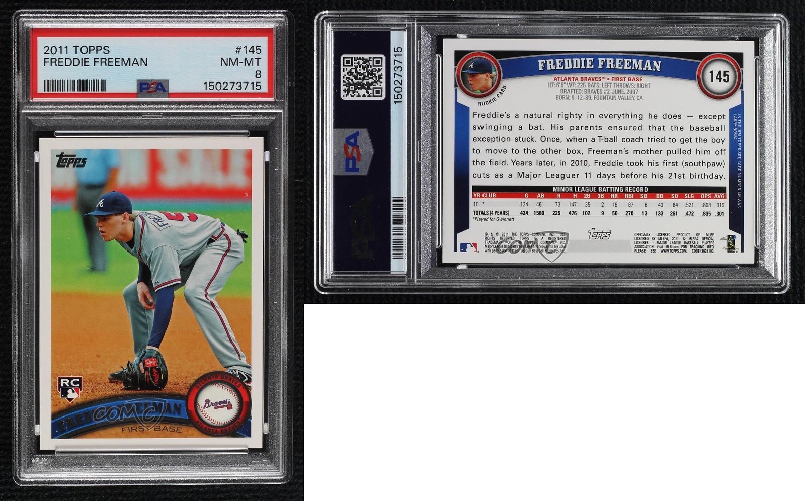 2011 Topps Freddie Freeman #145 PSA 8 Rookie RC view 3