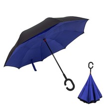 Inverted Blue Umbrella Windproof Reverse Double Layer Umbrella W/ C-shaped Hands
