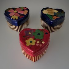 3- Assorted Heart Shape Trinket Box Floral Marquetry Inlaid Bamboo Fabric Lined