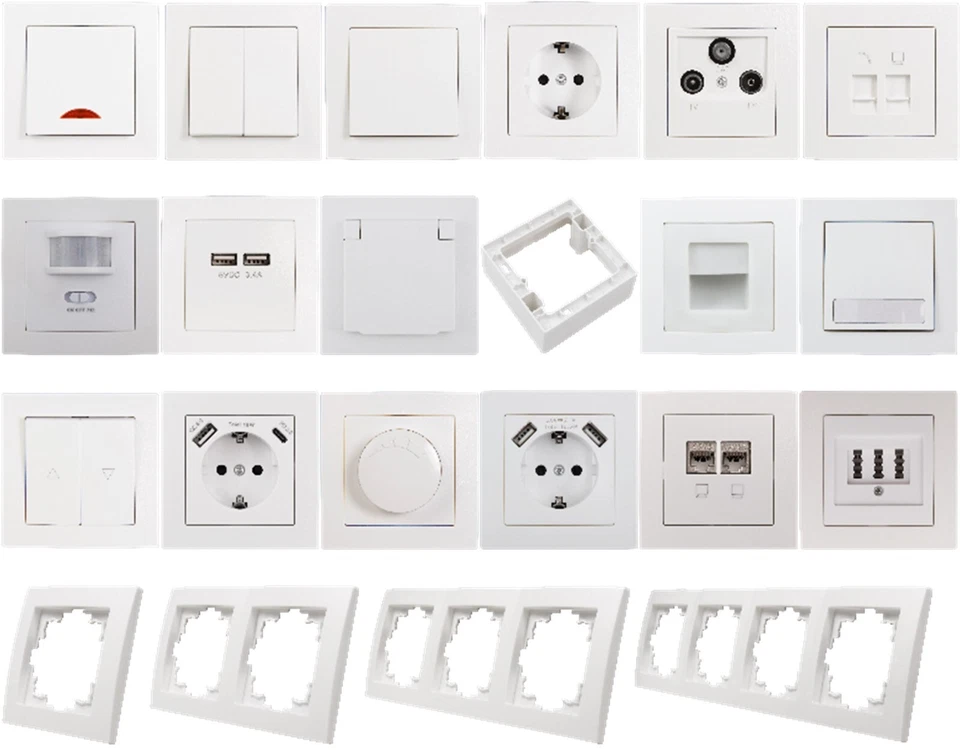 MCPOWER Flair weiß Schalter Steckdosen Rahmen Taster USB RJ45 LED Dimmer Antenne