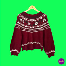 IKKA Women's Cable Knit Jumper, Floral Bell Sleeves, Burgundy, UK L | EU 42