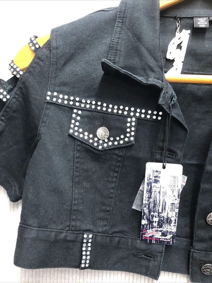 Chaqueta de mezclilla corta de felpa platino talla M negra brillante nueva con etiquetas Foto 3 de 4