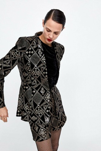 A900 ZARA BLACK BLAZER VELVET EMBROIDERED GOLD SEQUINS COAT JACKET TRINNY - M - Picture 7 of 13
