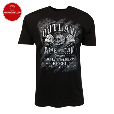 Outlaw Southern Rebel Men's T-shirt- American Moto Club - Skull-Wings new