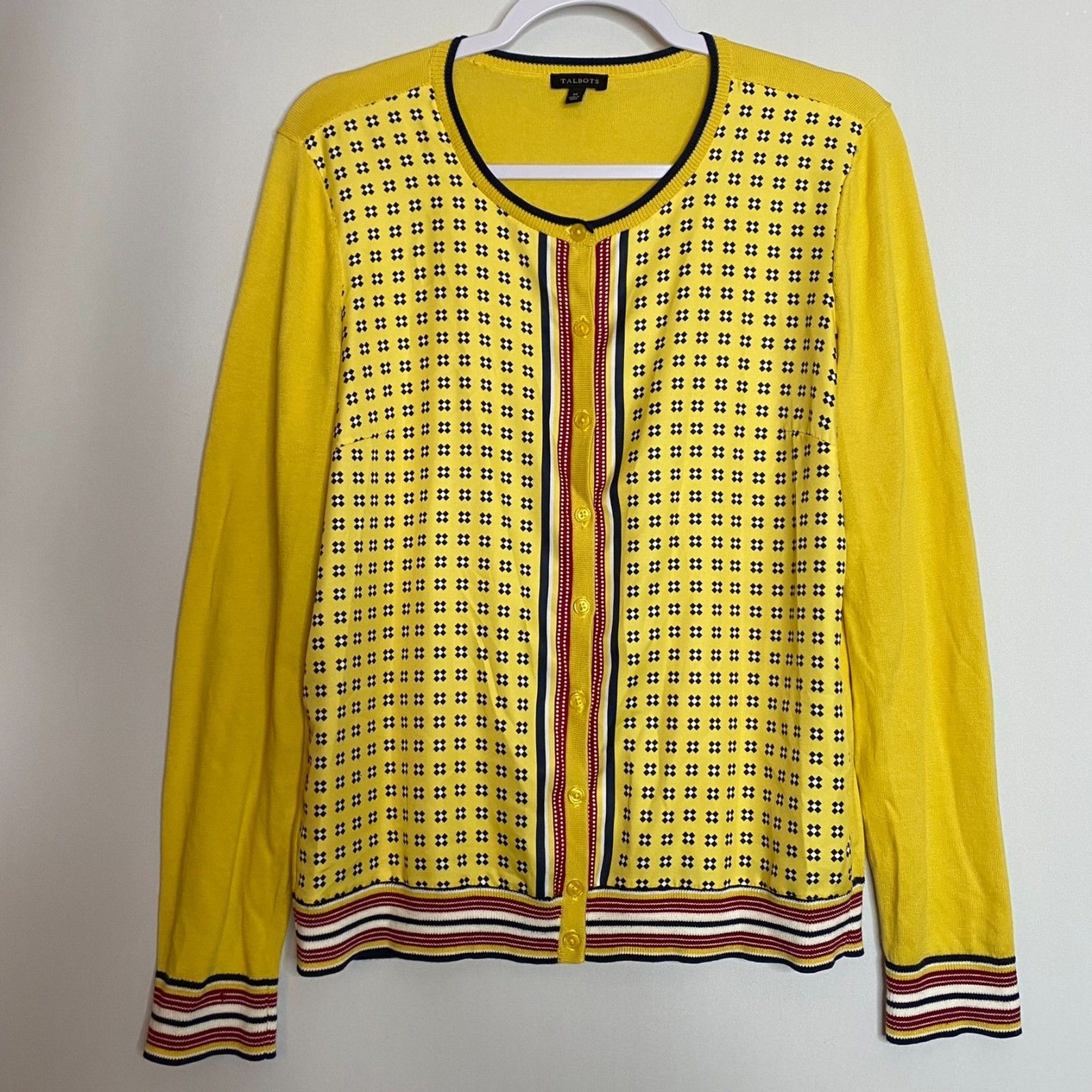 Talbots Yellow Full Button Front Cardigan Mixed Print/Fabric Crew Neck Size M