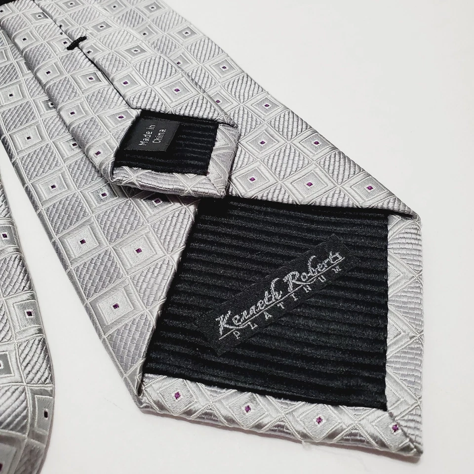 Corbata Kenneth Roberts plateada patrón geométrico seda cuello corbata jacquard Foto 4 de 4